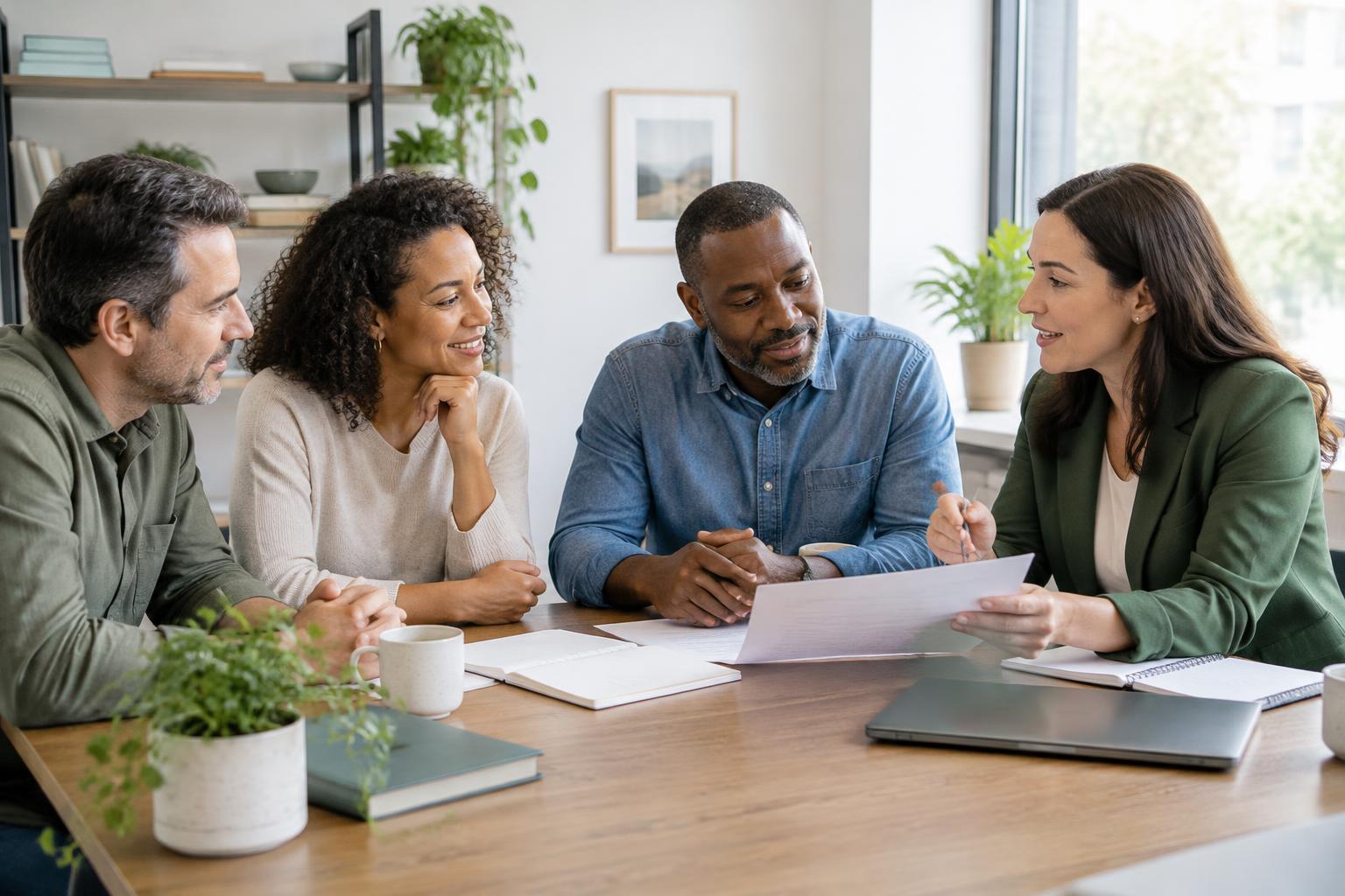 Small-business owners discussing retirement-plan options with an adviser