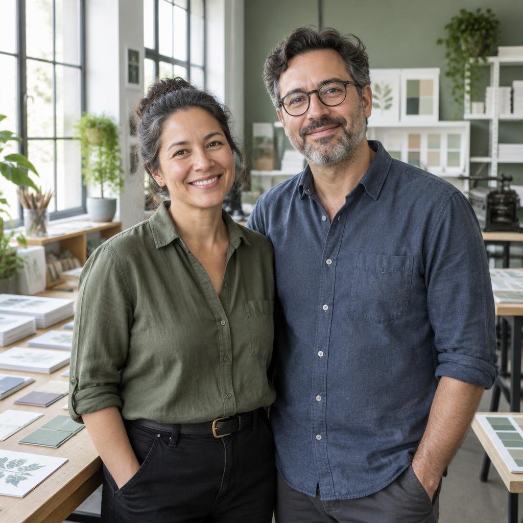 Illustrative small-business co-owners in a print and design studio